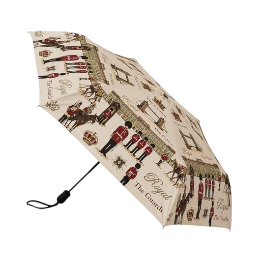 Signare Royal Guard folding umbrella in cream and red tapestry design, folded view - The Funky Finds