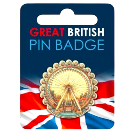 Close-up of a London Eye enamel pin badge featuring detailed design and vibrant colors, displayed on a neutral background.