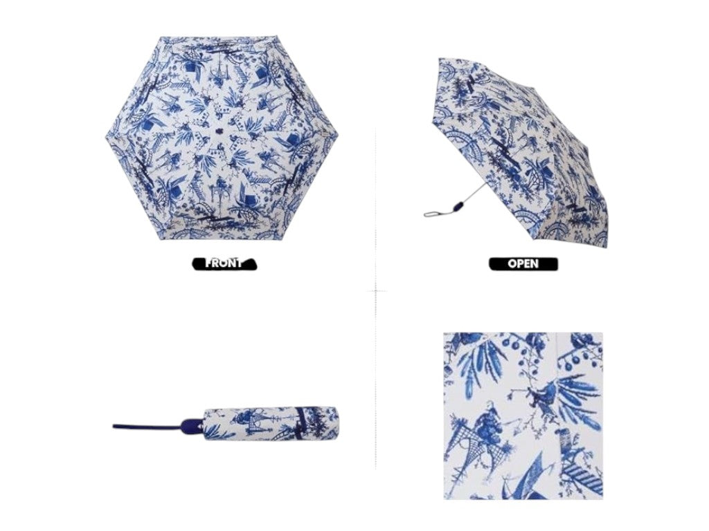 Signare British Museum Chinoiserie Folding Umbrella – Blue & White Tapestry Pattern