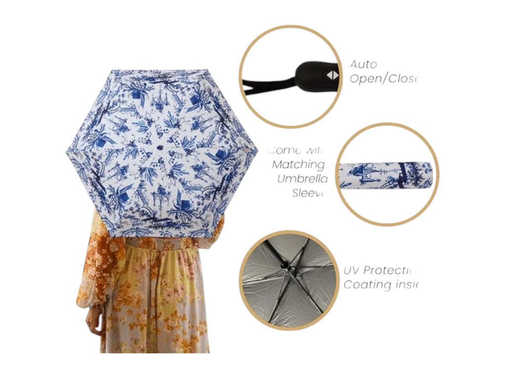 Signare British Museum Chinoiserie Folding Umbrella – Blue & White Tapestry Pattern