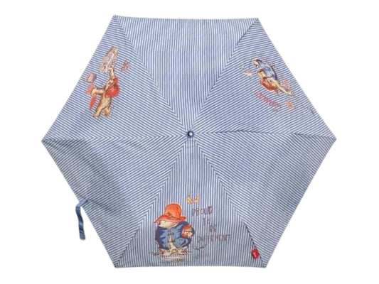 Signare Paddington Bear Folding Umbrella – Classic Marmalade, Blue & White Stripe, Compact with Sleeve & Strap